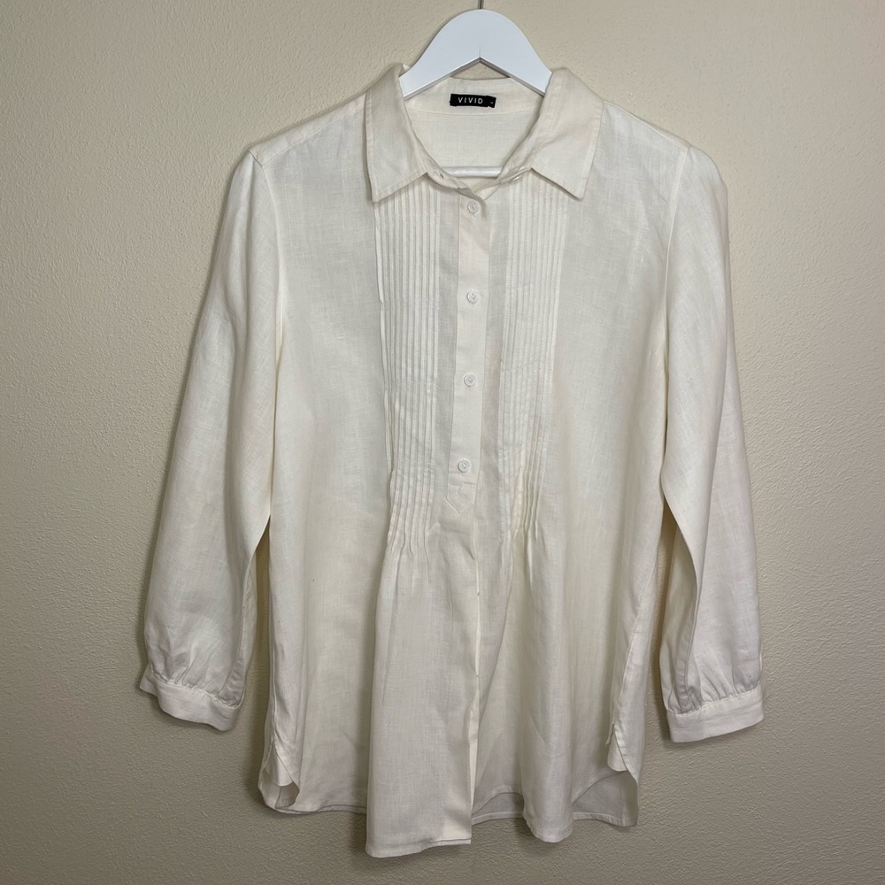 Vivid Linen Pleated Button Up Blouse With Roll Tab Sleeves Size Large